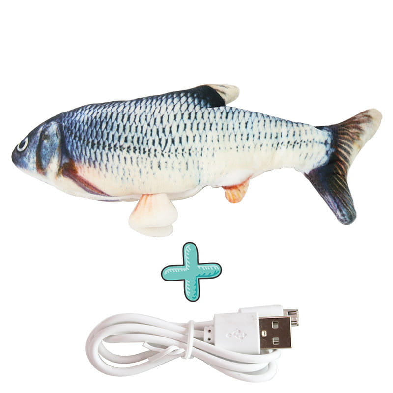 A plush interactive electric fish cat toy with a realistic blue and silver scale pattern white underbelly and orange fins usb rechargeable for pet entertainment.