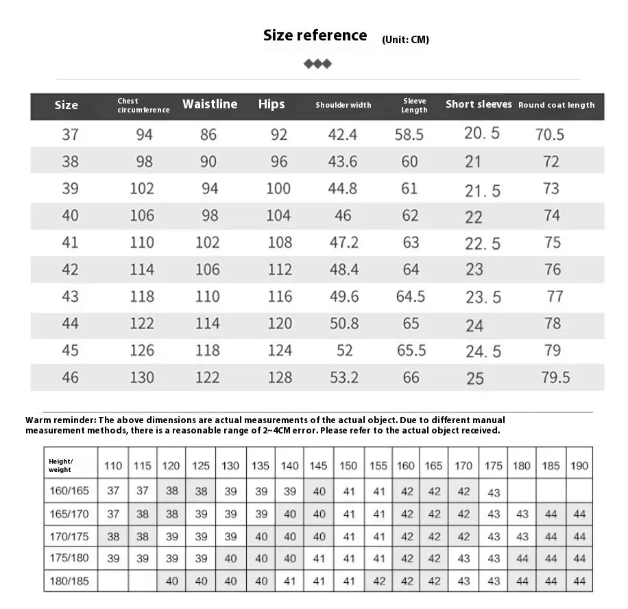 Tableau des références de taille affichant les mesures des manteaux pour femmes en centimètres, ainsi qu’une description du produit d’une chemise habillée en soie pour homme à manches longues.