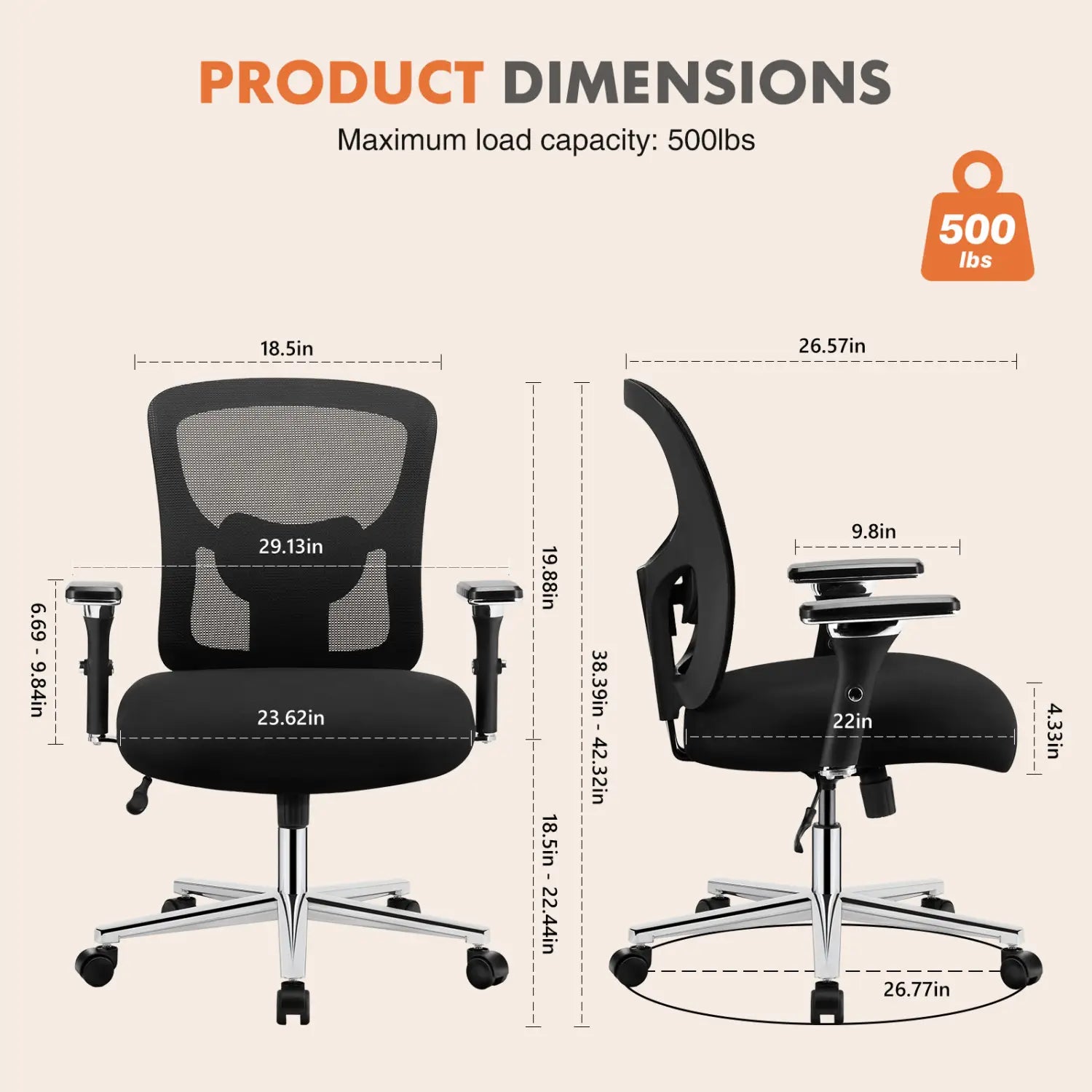 black mesh-back big and tall office chair with chrome base and casters designed for 500lb ergonomic seating