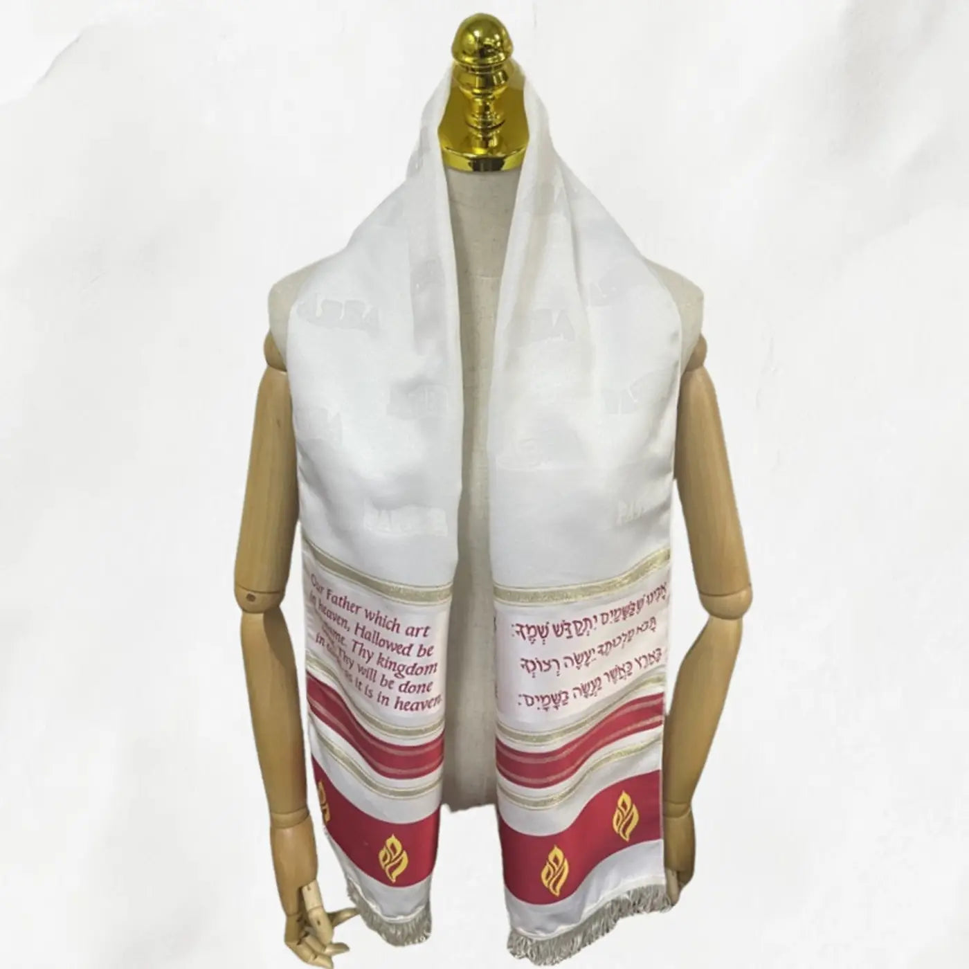 Chal de oración judío pañuelo hebreo blanco con franjas rojas y doradas, con texto bordado en hebreo en un diseño tradicional.