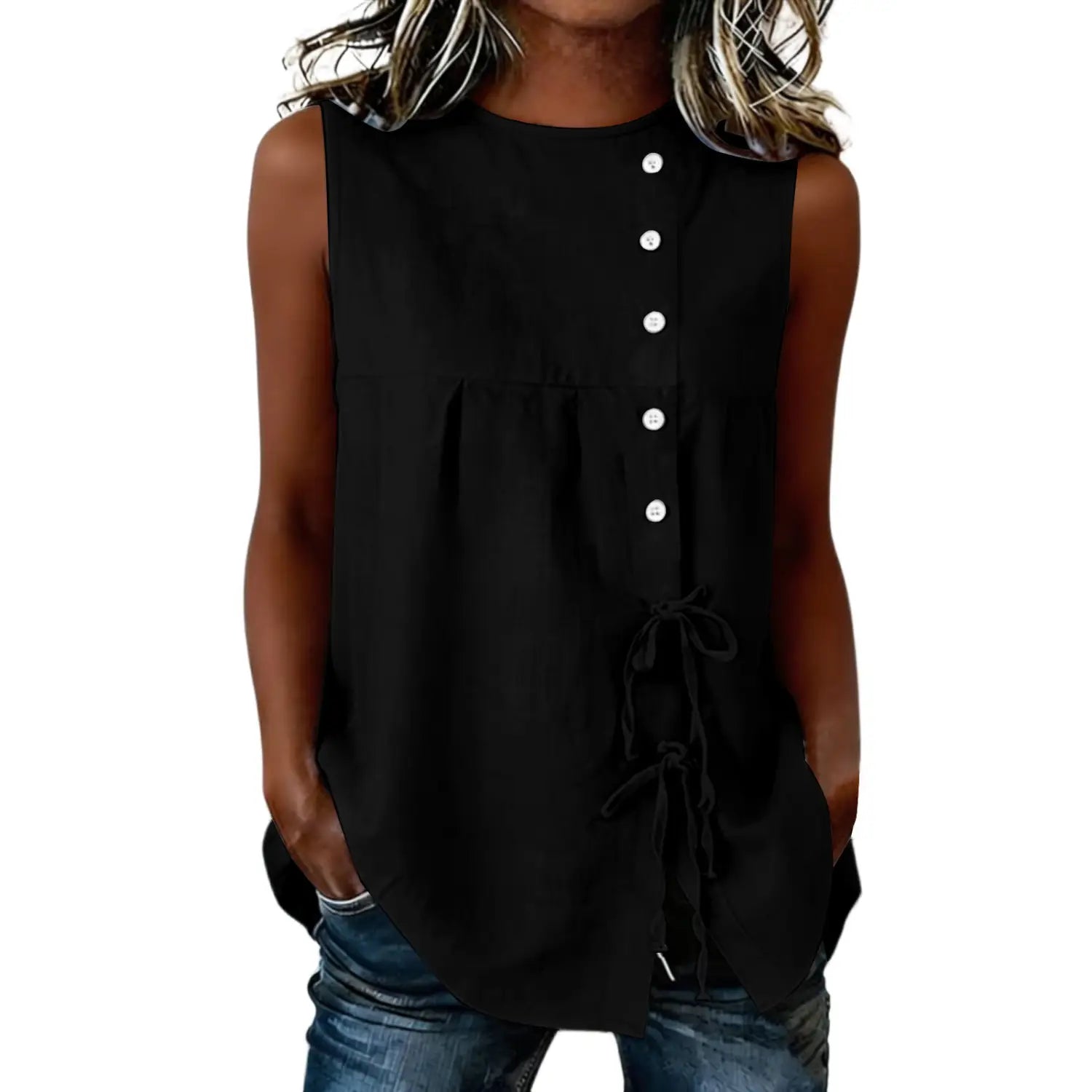 Sleeveless tie side button down blouse in black featuring white buttons down the front and a tie detail at the side.