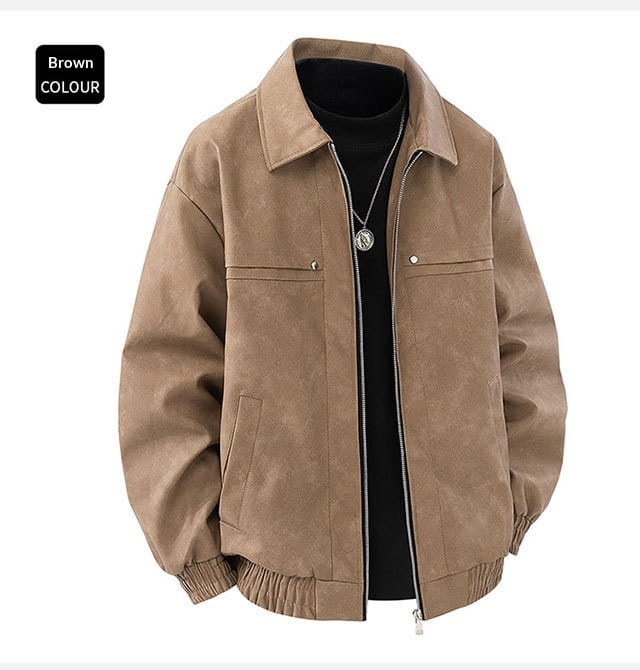 mens vintage suede bomber jacket slim fit in brown with classic collar front zipper closure and two chest pockets