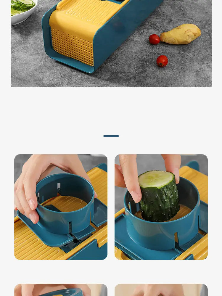 Trancheuse à légumes 5 en 1, multi-fonctionnelle, en plastique bleu et jaune, avec une base perforée pour une découpe efficace des légumes.