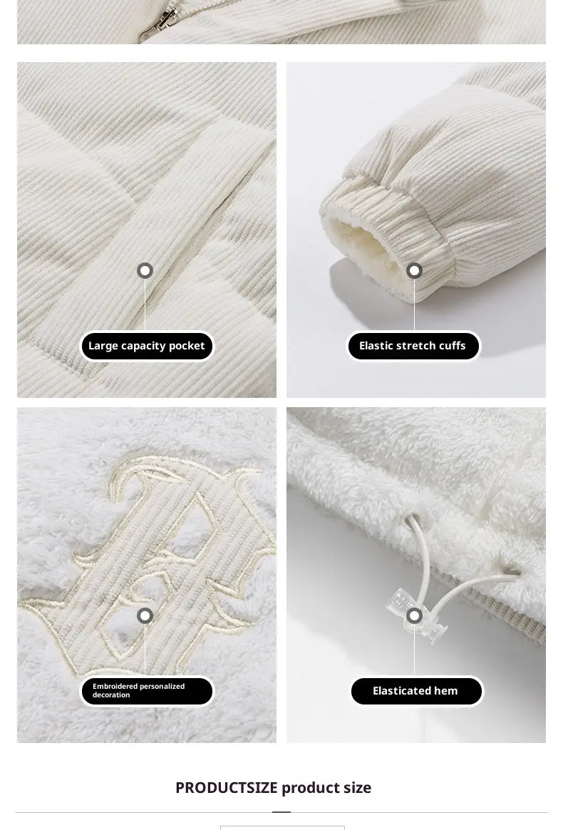 Weiße Cord-Jogginghosen mit elastischen Bündchen und Saum, warm gefüttert, mit großer Kapazitätstasche und bestickter, personalisierter Zierde, passend zu einer Cord-Pufferjacke als warme Jacke