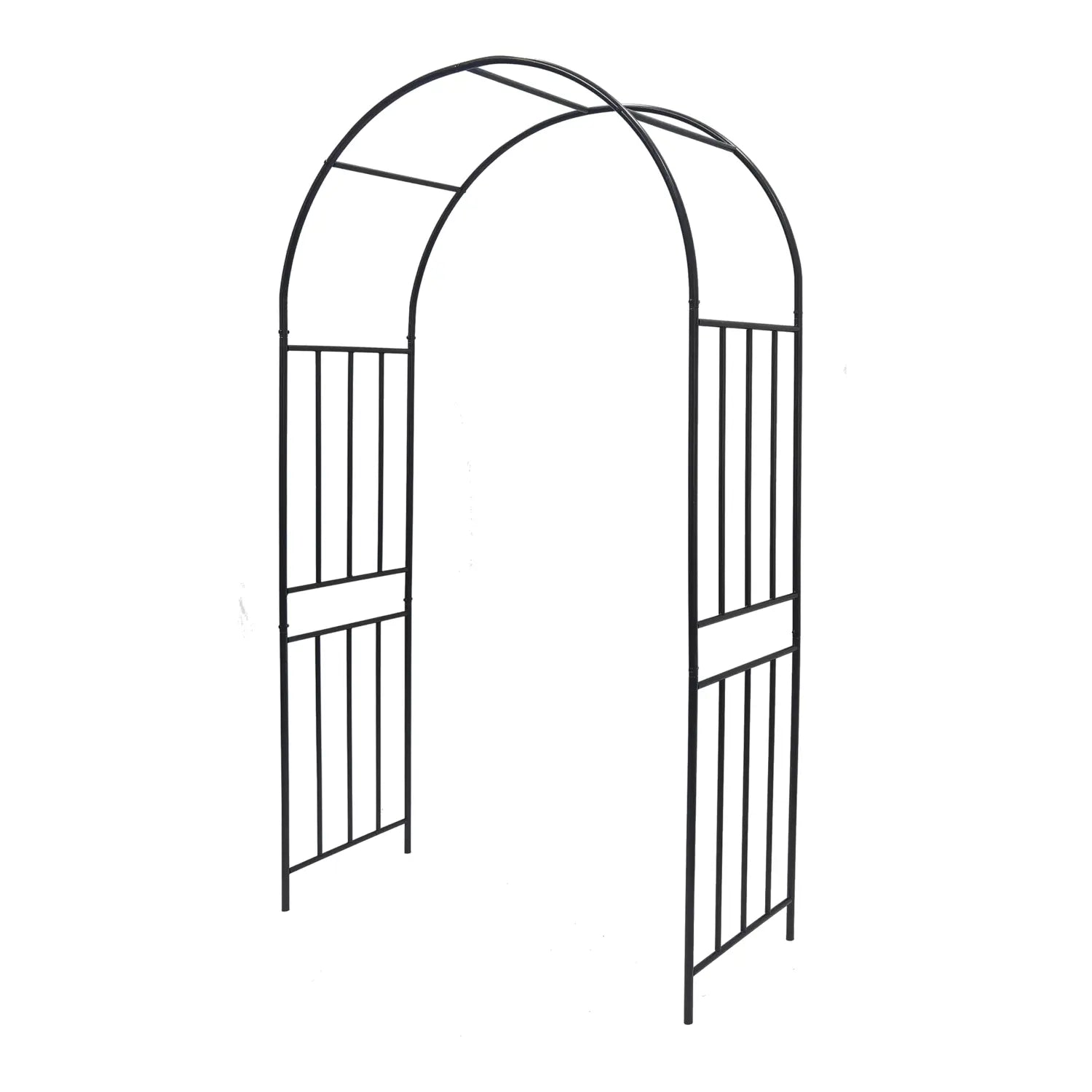 Black wrought iron metal garden arch with arched top and vertical slats designed as a rose arbor.