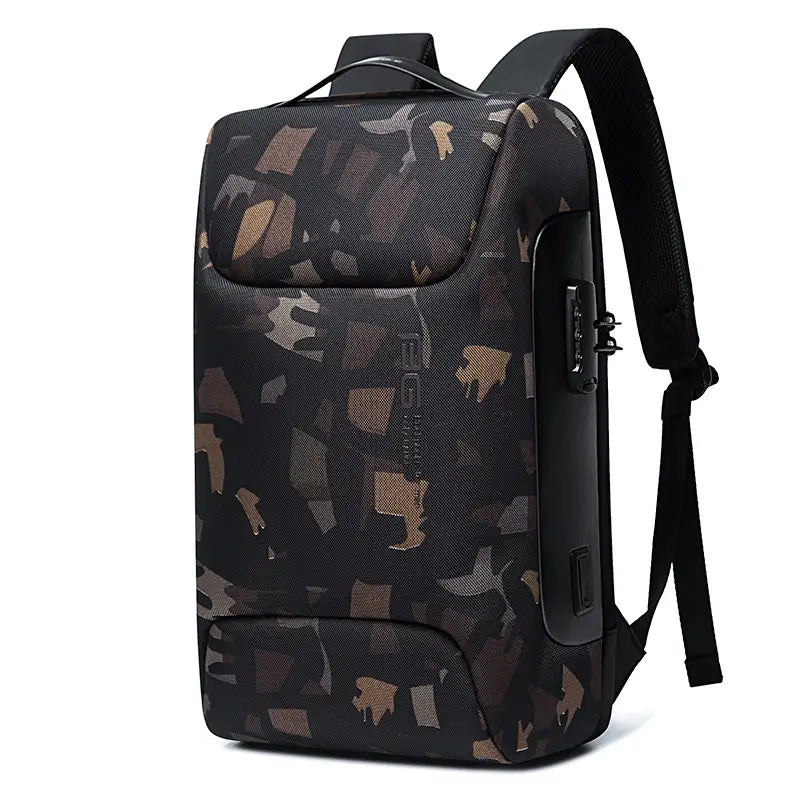 Wasserdichter Business-Laptop-Rucksack in Schwarz-Braun-Camouflage-Optik mit sicherem Seitenschloss und USB-Anschluss für bequemes Laden.