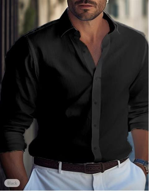 Men’s slim fit digital print linen blend casual shirt in black with long sleeves button up style classic collar and neatly folded cuffs.