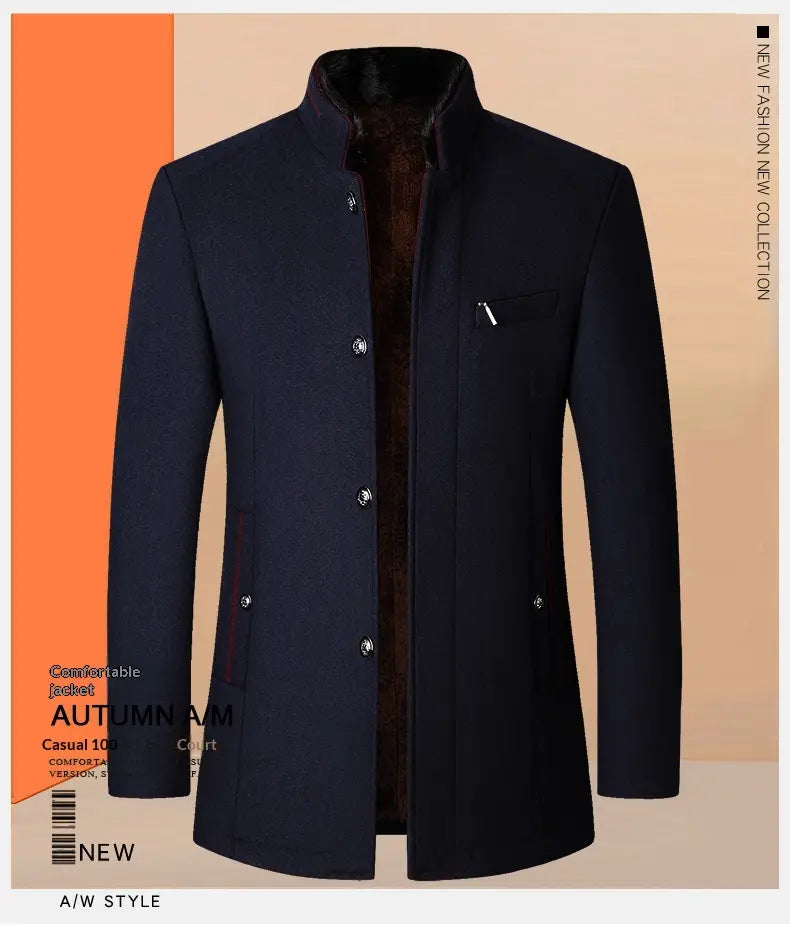 Dark navy mens wool casual stand collar jacket featuring a high collar and plush brown woolen lining.