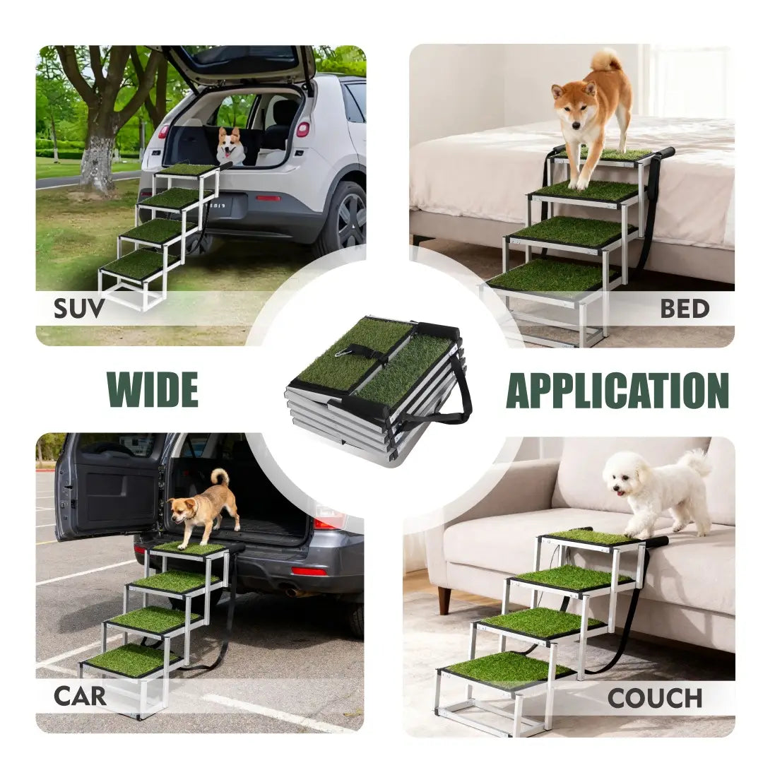 foldable dog ramp with artificial grass steps and silver metal frame designed for cars and suvs with 250lb capacity