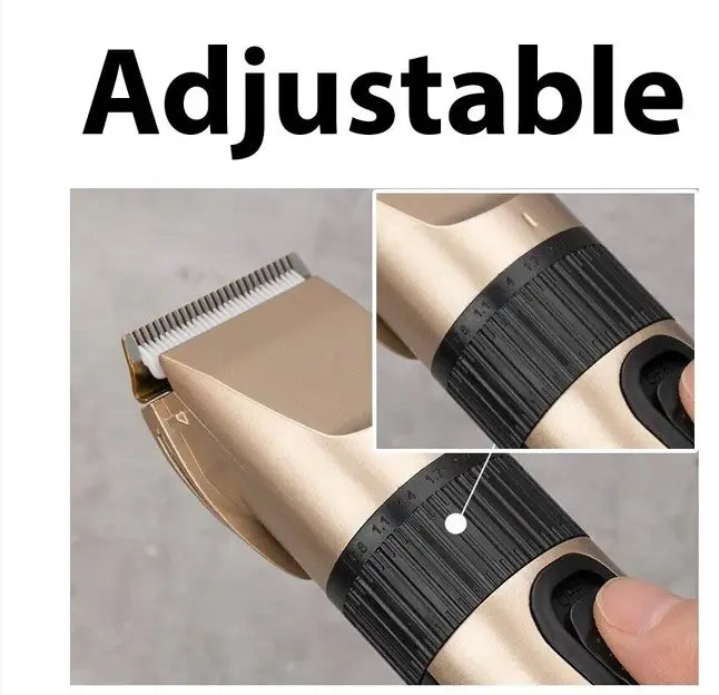 Gold-colored professional cordless electric hair clipper with black textured grip and adjustable blade guard for barber use.