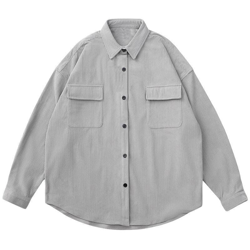 Hellgraue Herren-Retro-Utility-Hemdjacke aus Cord mit lockerer Passform, mit klassischem Kragen und zwei vorderen Pattentaschen.
