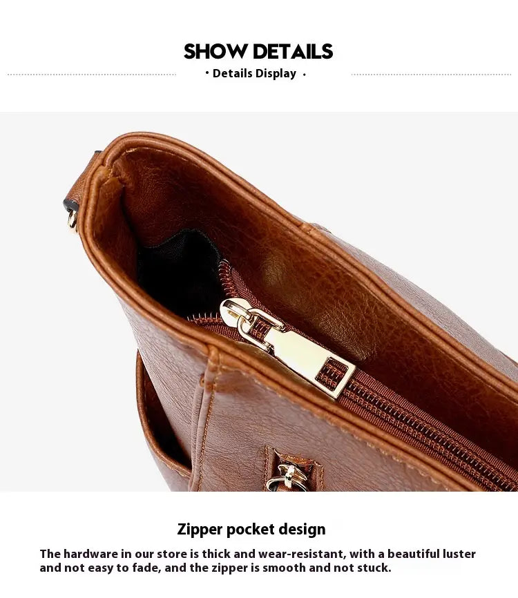 Brown leather hobo bag with tassel and front zipper pockets featuring silver-toned hardware and a zipper pocket.