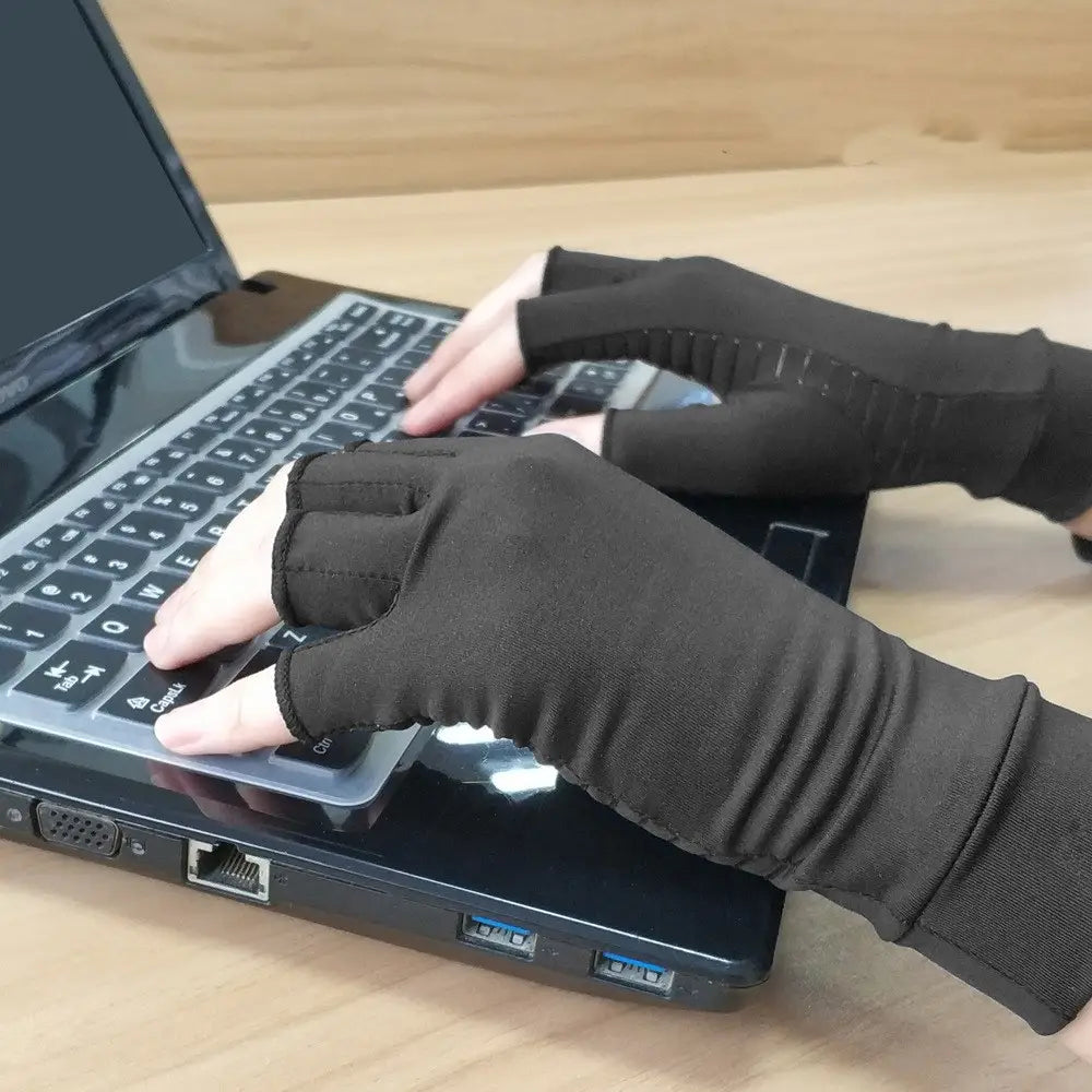 black fingerless compression riding gloves with wrist support featuring a snug stretchy fabric fit and reinforced stitching along the fingers shown from the back side