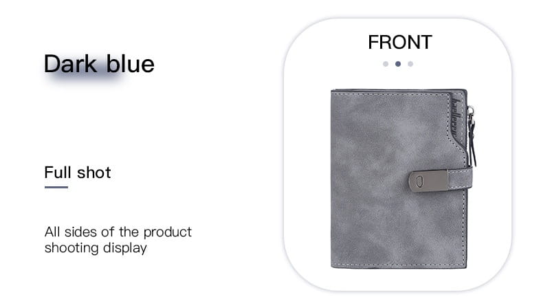 Dark blue textured women’s short faux leather multi slot wallet with a silver-toned zipper and metal clasp.