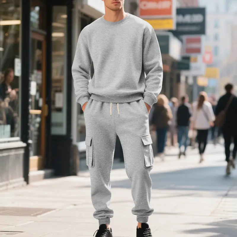 Gray men fleece cargo sweatshirt with ribbed cuffs and waistband, featuring a relaxed fit and subtle drawstring detail.