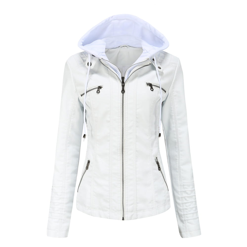 White faux leather hooded jacket with black zippers and matching white interior lining from the hooded leather jacket two-piece detachable slim fit collection.
