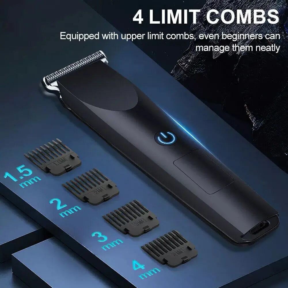 Black cordless electric hair clipper with four interchangeable comb attachments for precise beard trimming in an electric hair clippers cordless beard trimmer set