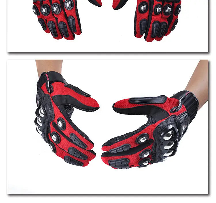 Red and black alloy knuckle motorcycle riding gloves unisex showing the back side with reinforced knuckle protection and textured grip panels.