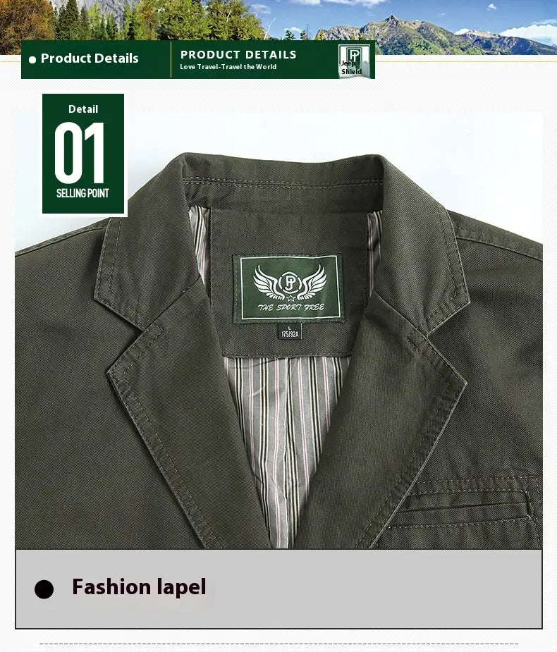 Herren-Übergrößen-Baumwoll-Freizeitblazer in Olivgrün mit formgebendem Revers und gestreifter Innenfutterausstattung.