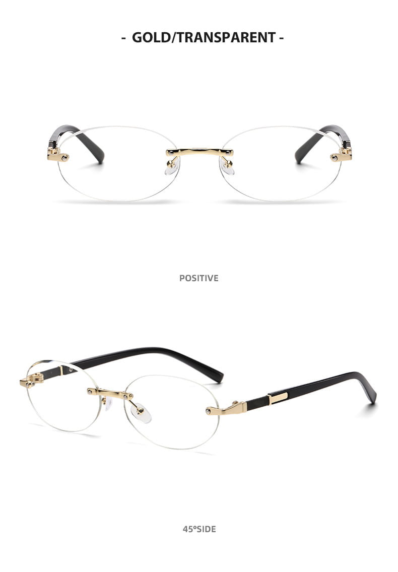 Gold-toned rimless oval uv400 fashion sunglasses with transparent lenses and black metal temple arms.