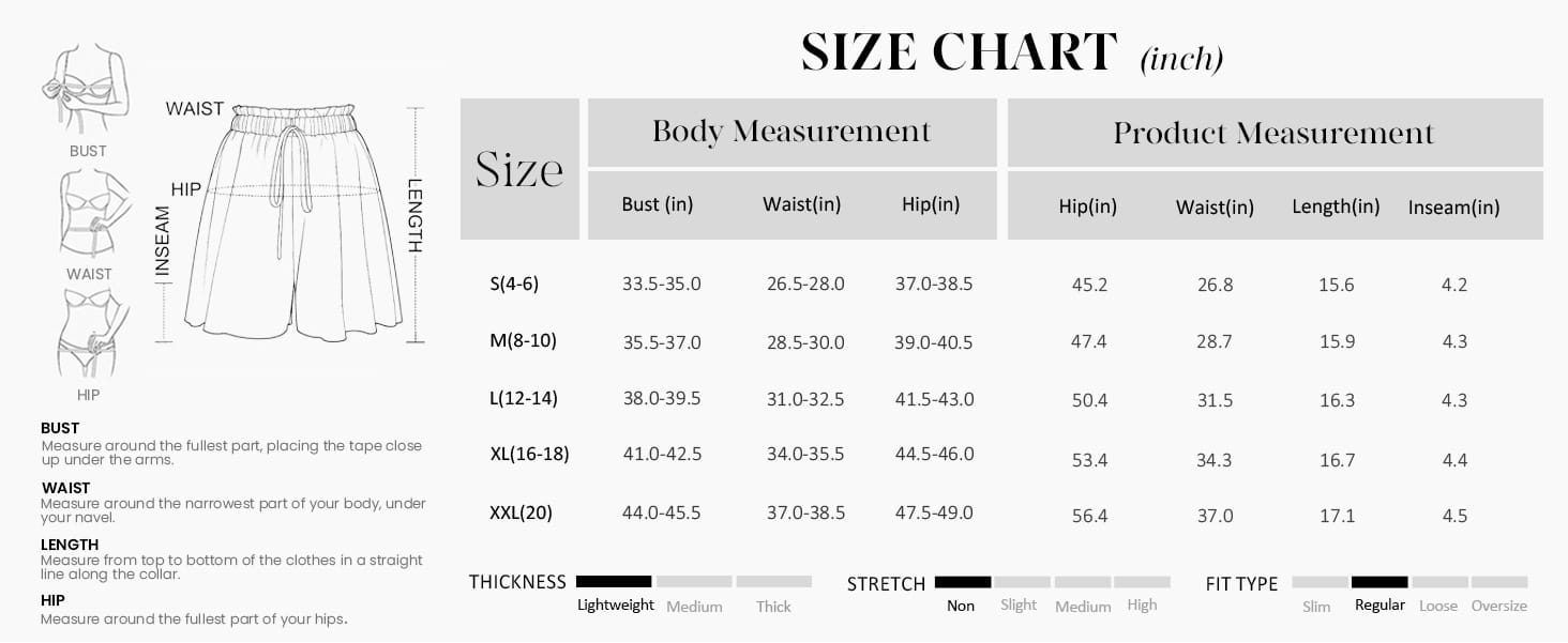 Größentabelle für Damen-Shorts mit floralem Muster, hoher Taille, A-Linien-Schnitt, die Brust-, Taillen- und Hüftmaße in Zoll über die Größen S bis XXL zeigen.