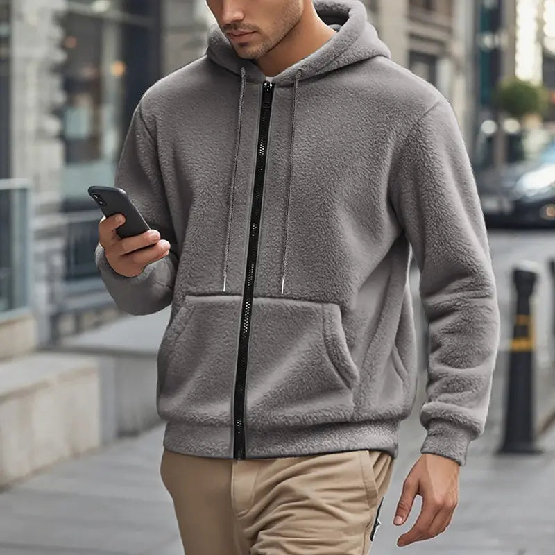 Men’s fleece lined loose zip up hooded jacket in gray with black zipper and matching drawstrings made of soft fleece material.