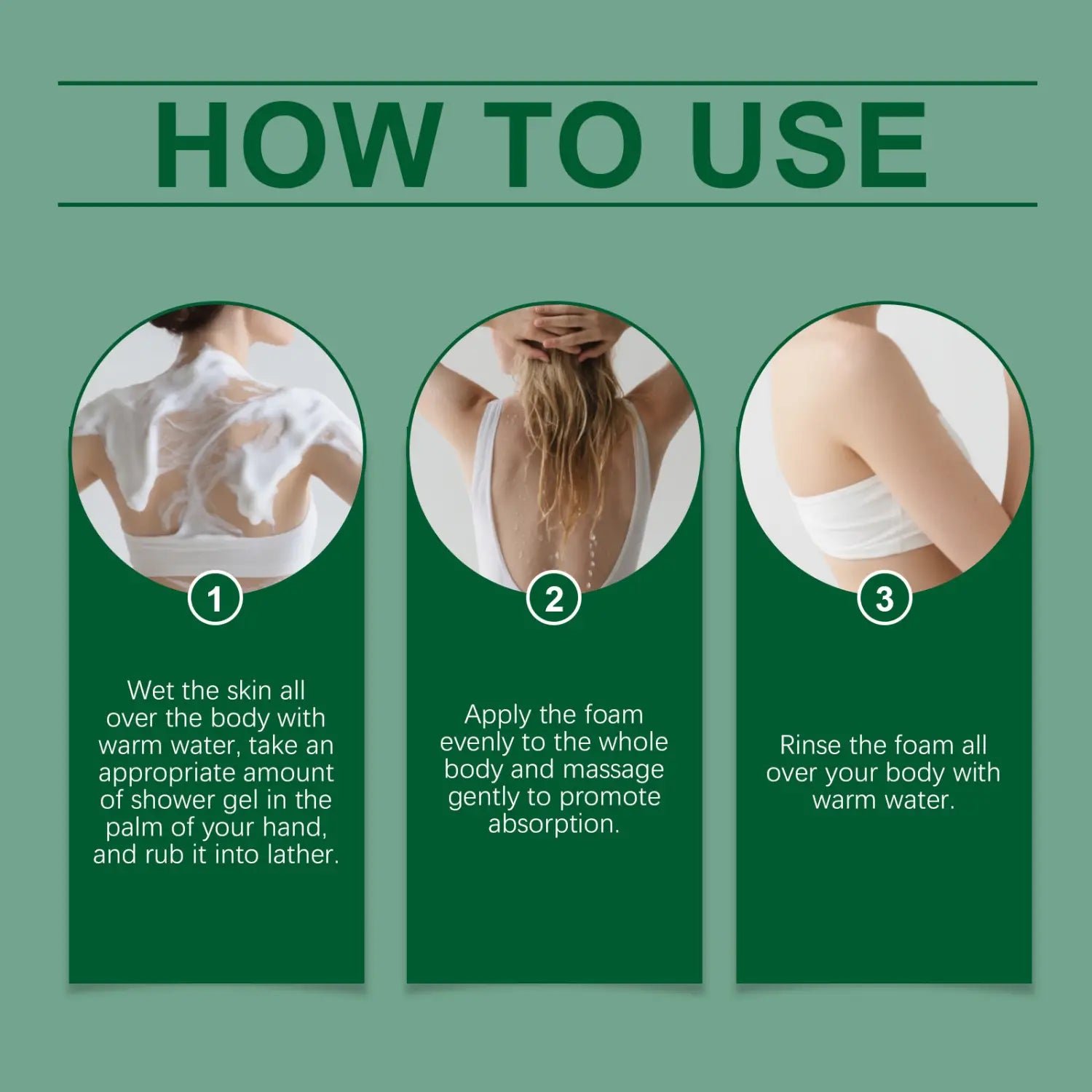 White tea tree body wash moisturizing skin cleanser foam applied to back of body for lathering and absorption in 100ml bottle.