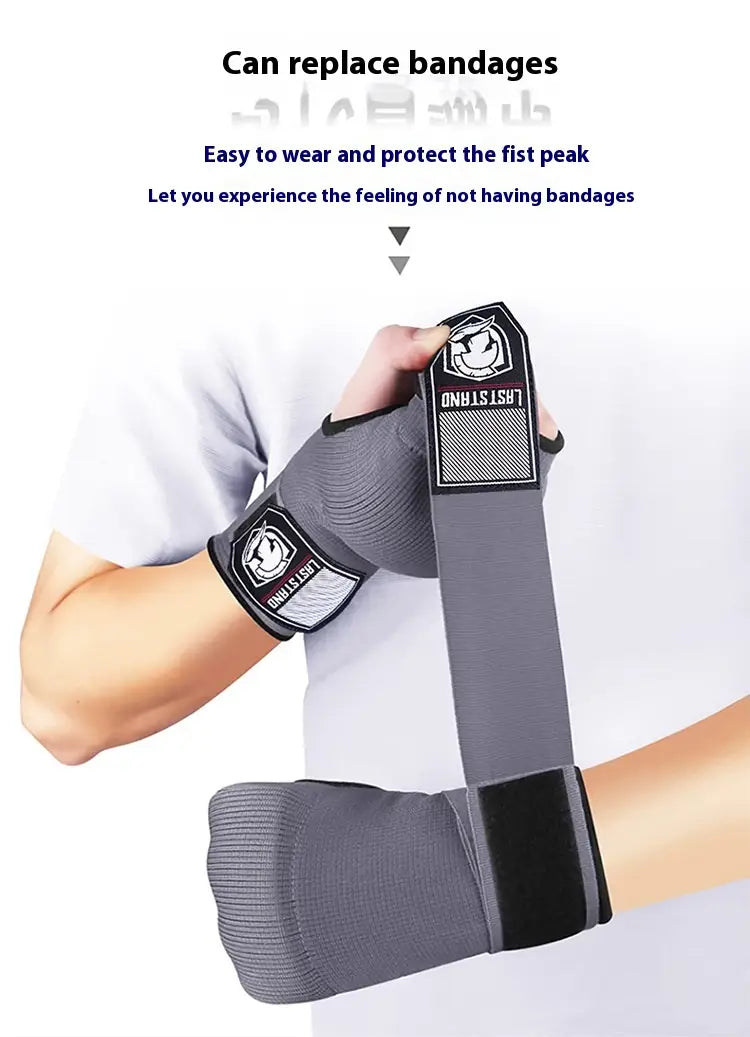 Gray elastic wrist and forearm support with black reinforced straps and a mesh panel featuring the last strand logo for gel boxing hand wrap gloves fitness half finger shown from the back side.