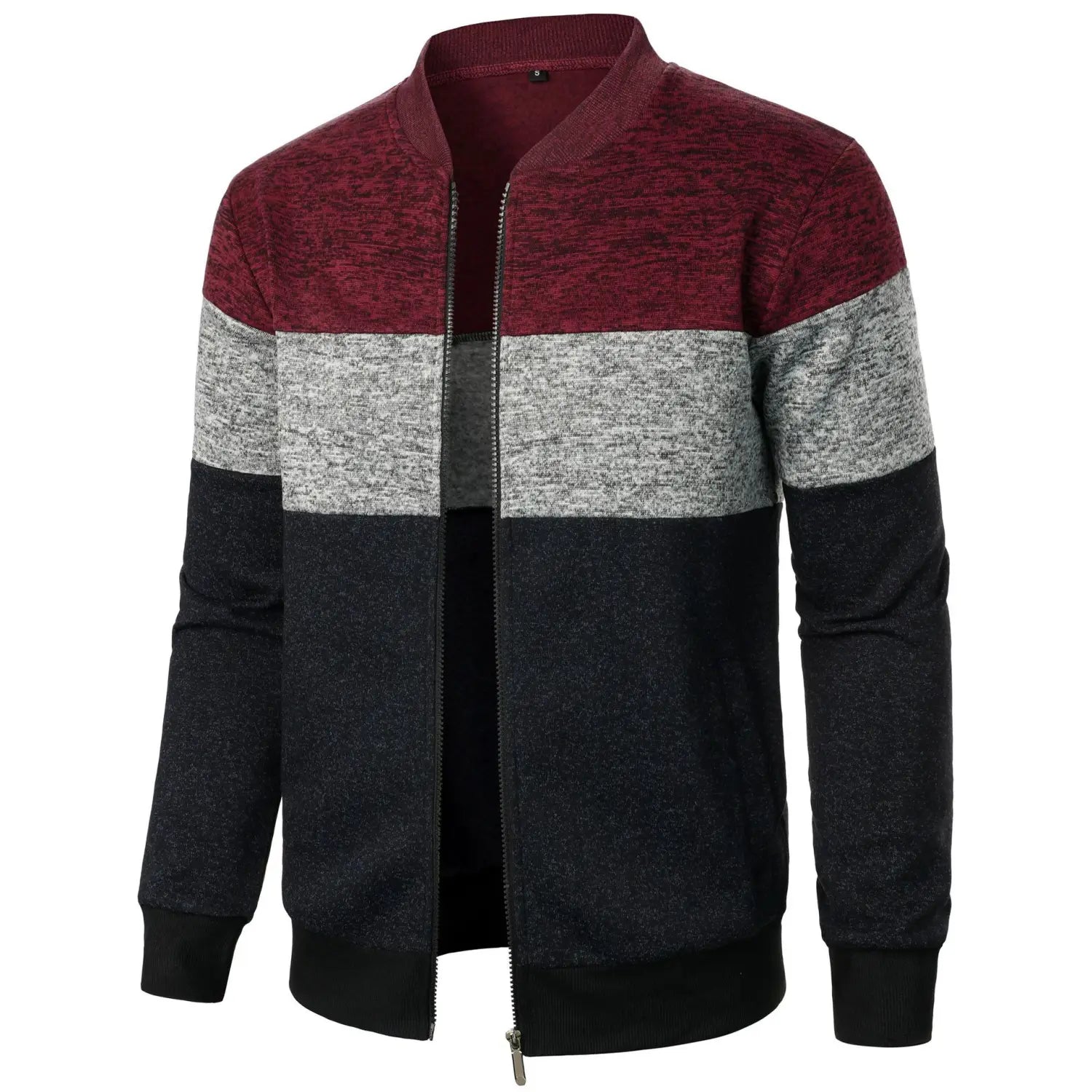 A men’s zip-up bomber jacket featuring a maroon gray and black color-blocked design with textured knit fabric.