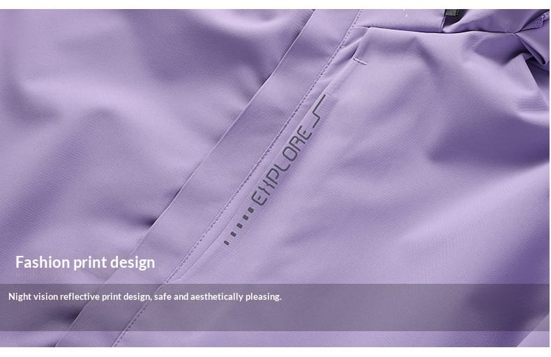 Men’s purple waterproof sports jacket featuring explore branding along a seam.