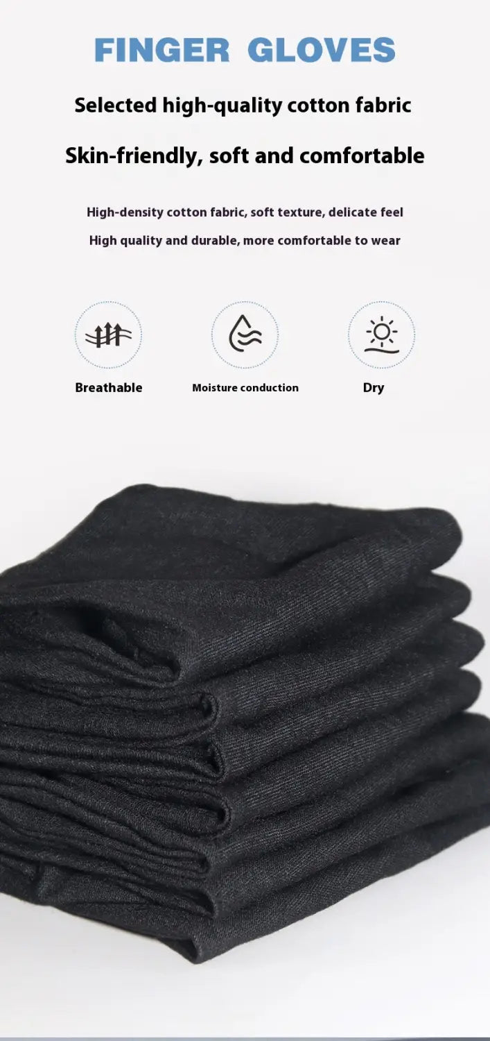 Stapel schwarzer Fingerhandschuhe aus hochdichtem Baumwollgewebe, der atmungsaktive weiße Baumwoll-Handschuhe ohne Finger (Fingerless) zeigt.