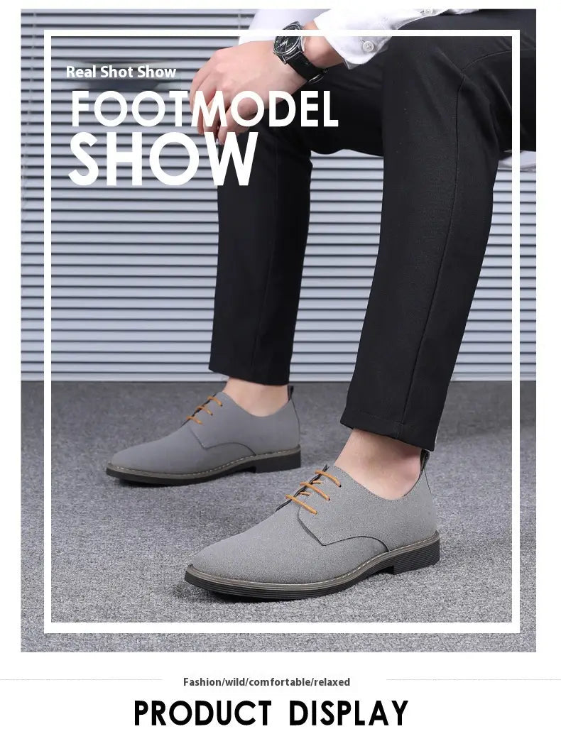 Men’s plus size British style suede casual Oxford shoes in gray with tan laces and a low-profile rubber sole.
