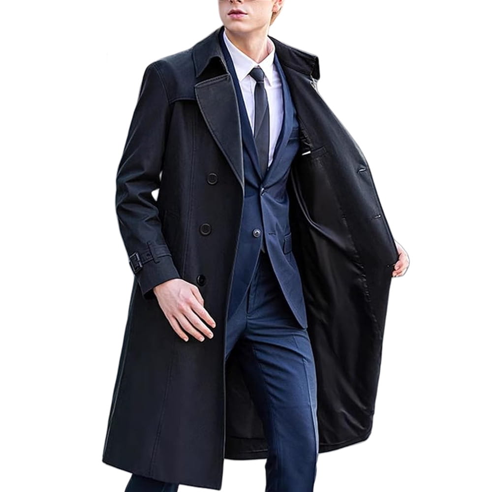Black double-breasted long trench coat with a sleek tailored fit and classic lapel design for men solid color outerwear.