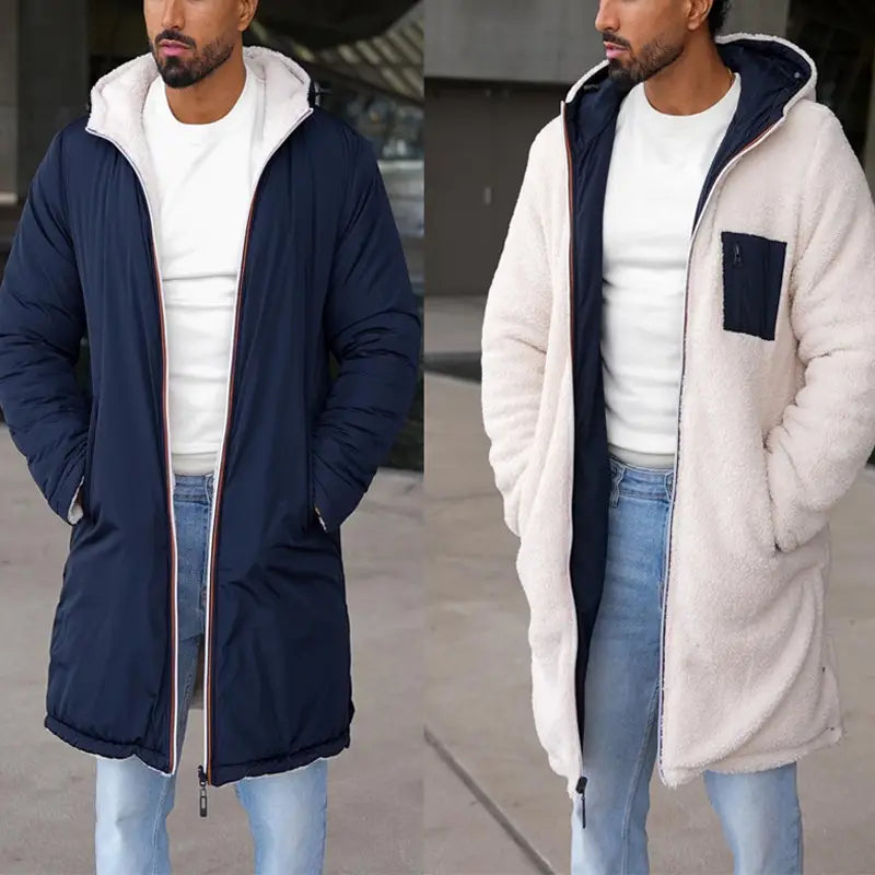 Men reversible shearling winter hooded coat in navy blue and cream with fleece lining and contrasting zipper trim.
