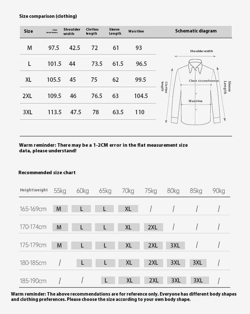 Größenvergleichstabelle für ein Herren-Oberteil mit Ein-Kragen, Satin, langarm, im Business-Stil, mit Maßangaben in Zentimetern für die Größen Medium bis 3XL.