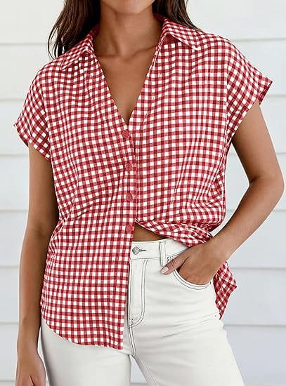 Red and white gingham short-sleeved plaid button-up blouse with v-neckline and front knot detail.