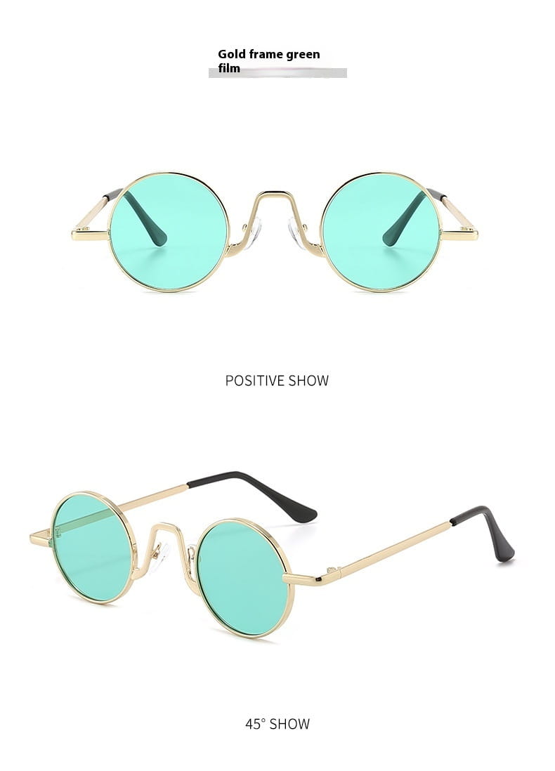 Retro round hip hop sunglasses featuring gold-rimmed frames with vibrant green mirrored lenses and black temple tips.