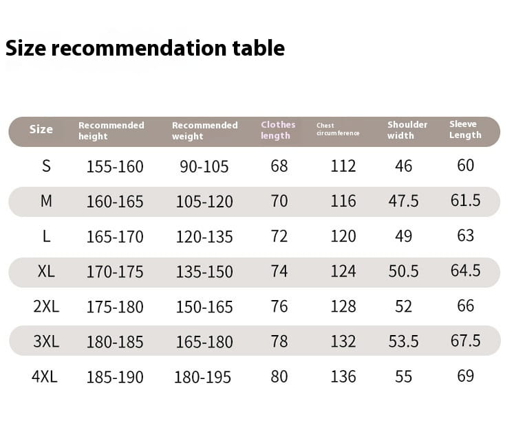 Size recommendation table in centimeters for windproof waterproof puffer jacket displaying measurements from size S to 4XL.