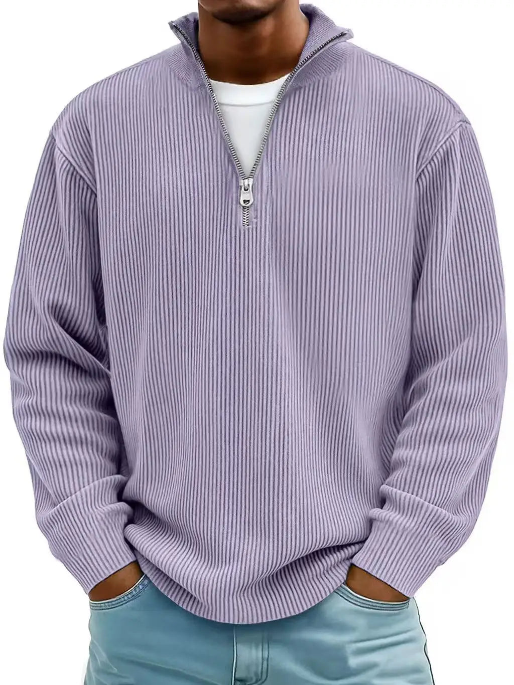 men’s ribbed knit half zip corduroy polo sweatshirt in lavender featuring a ribbed texture and half-zip collar designed for casual wear