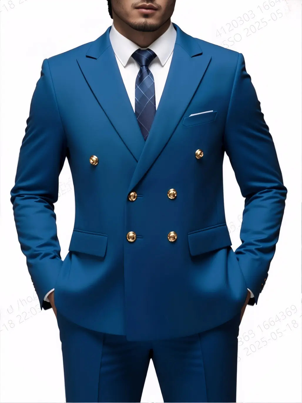Costume homme non repassable à double boutonnage bleu éclatant, avec boutons dorés et coupe sur mesure.
