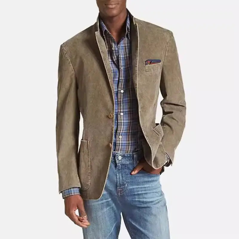 Men casual slim fit cotton blazer jacket in tan corduroy with a classic fit and button closure.