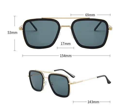 Retro square double bridge unisex fashion sunglasses featuring a black and gold frame with dark gray lenses.