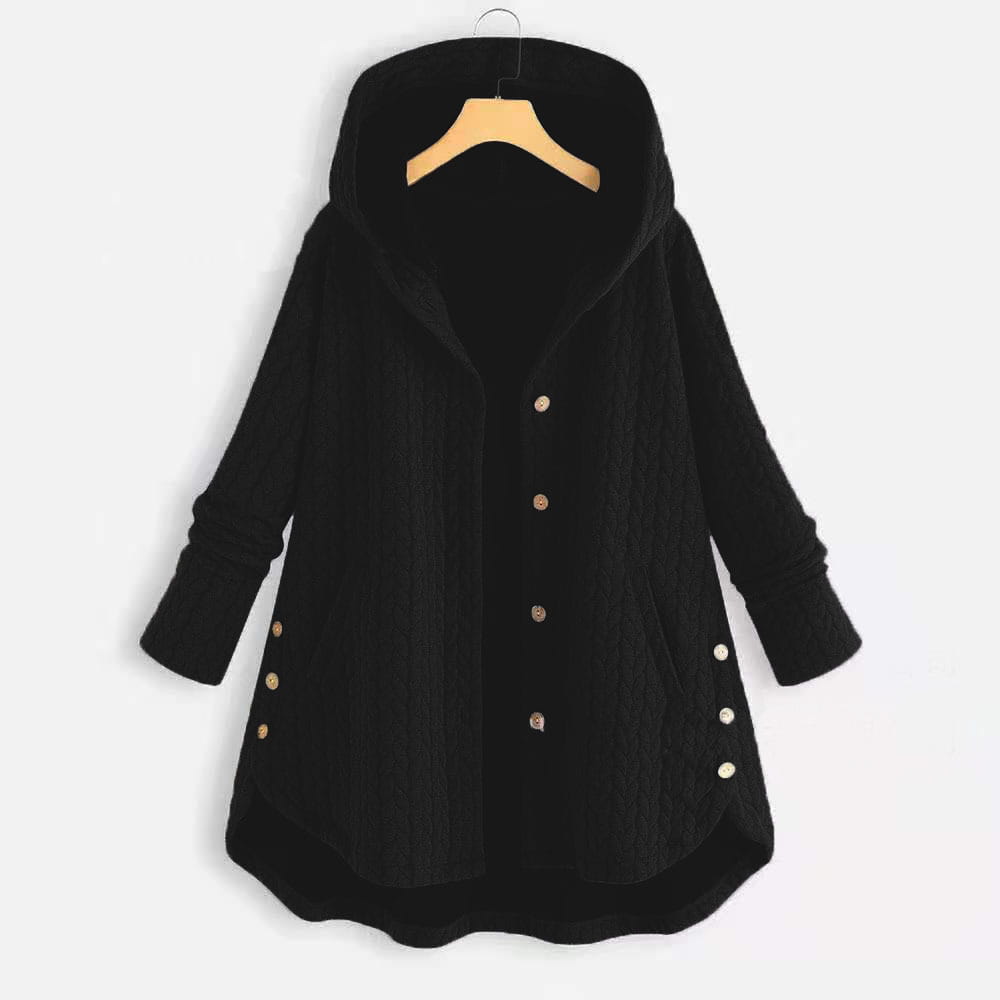 Damen Steppjacke mit Kapuze aus Baumwolle, mittellang, in Schwarz mit gerippter Struktur, goldfarbenen Knöpfen und gemütlich gefüttertem Innenfutter.