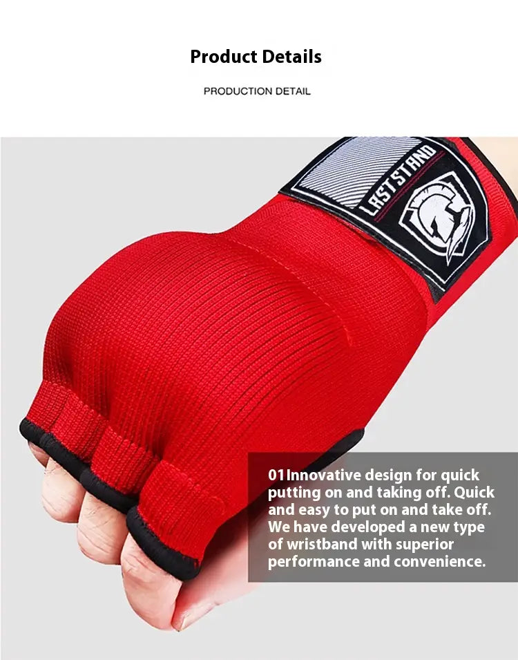 Red fingerless gel boxing hand wrap gloves with black trim and branded last stand logo patch designed for fitness use.