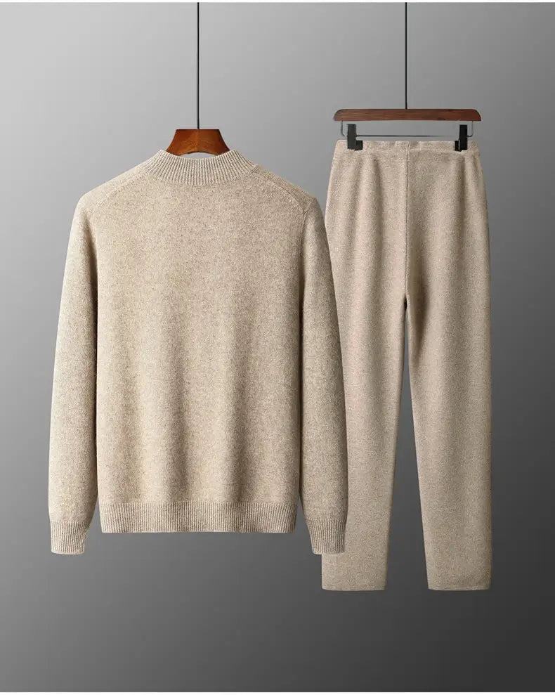 Beige men wool cardigan sweatsuit consisting of a knit sweater and matching pants crafted from a soft wool blend with ribbed cuffs and hem.
