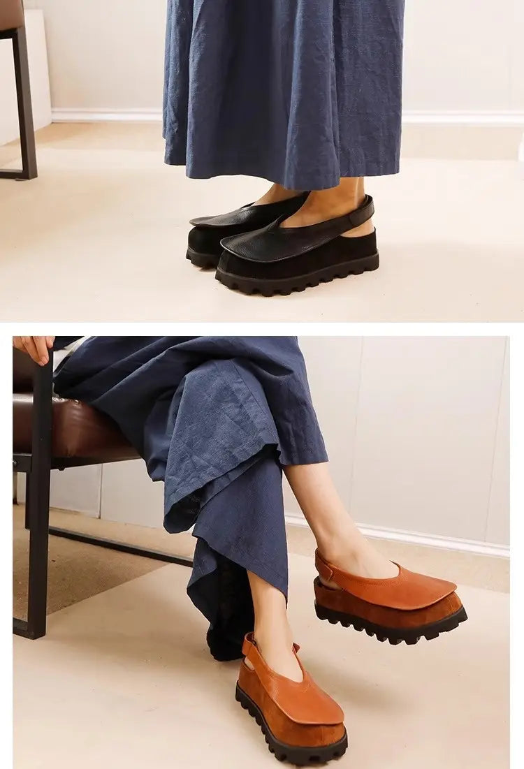 Schwarze und hellbraune (Tan) Ledersandalen mit Plateau mit Wildleder-Obermaterial und kräftiger Gummisohle, mit retro inspiriertem offenen Zehen-Design.