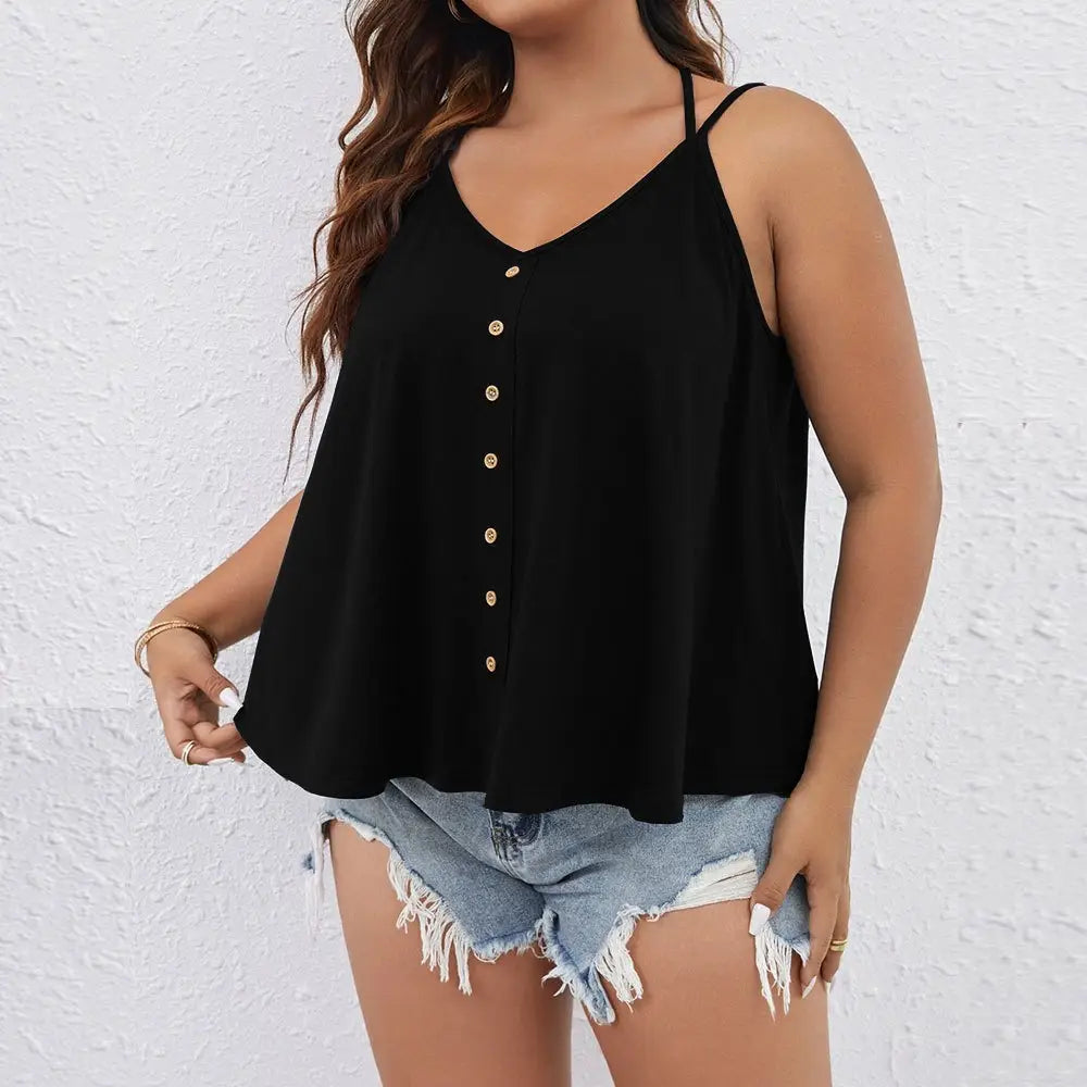 Black button front v-neck tank top plus size with thin straps and gold-colored buttons down the front.