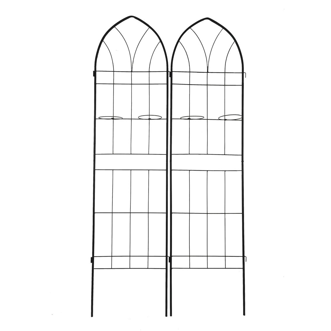 Black wrought iron garden gate with arched top and vertical bars featured in a metal garden trellis 4 pack for climbing plants.
