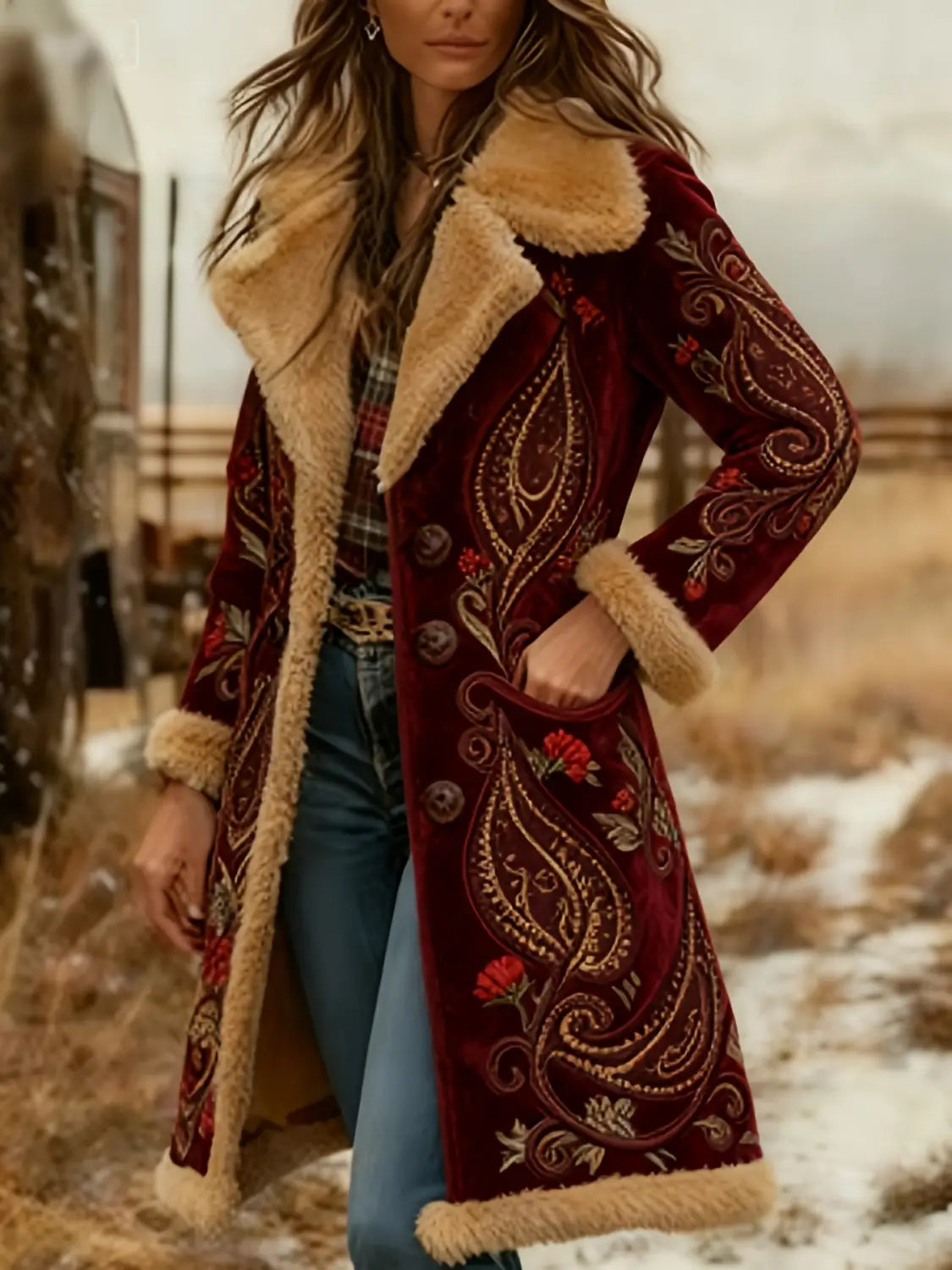Ein edler bordeauxroter Samt-Shearling-Mantel mit floral bestickter Ausführung, gefüttert mit plüschigem beigem Shearling.