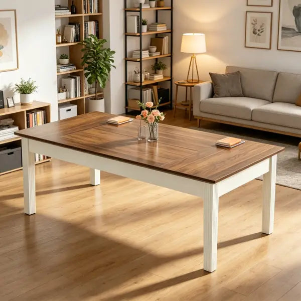 Un escritorio ejecutivo de oficina rústico de 62 pulgadas en madera blanca y marrón, con armazón y patas pintados de blanco y una superficie superior color marrón intenso.